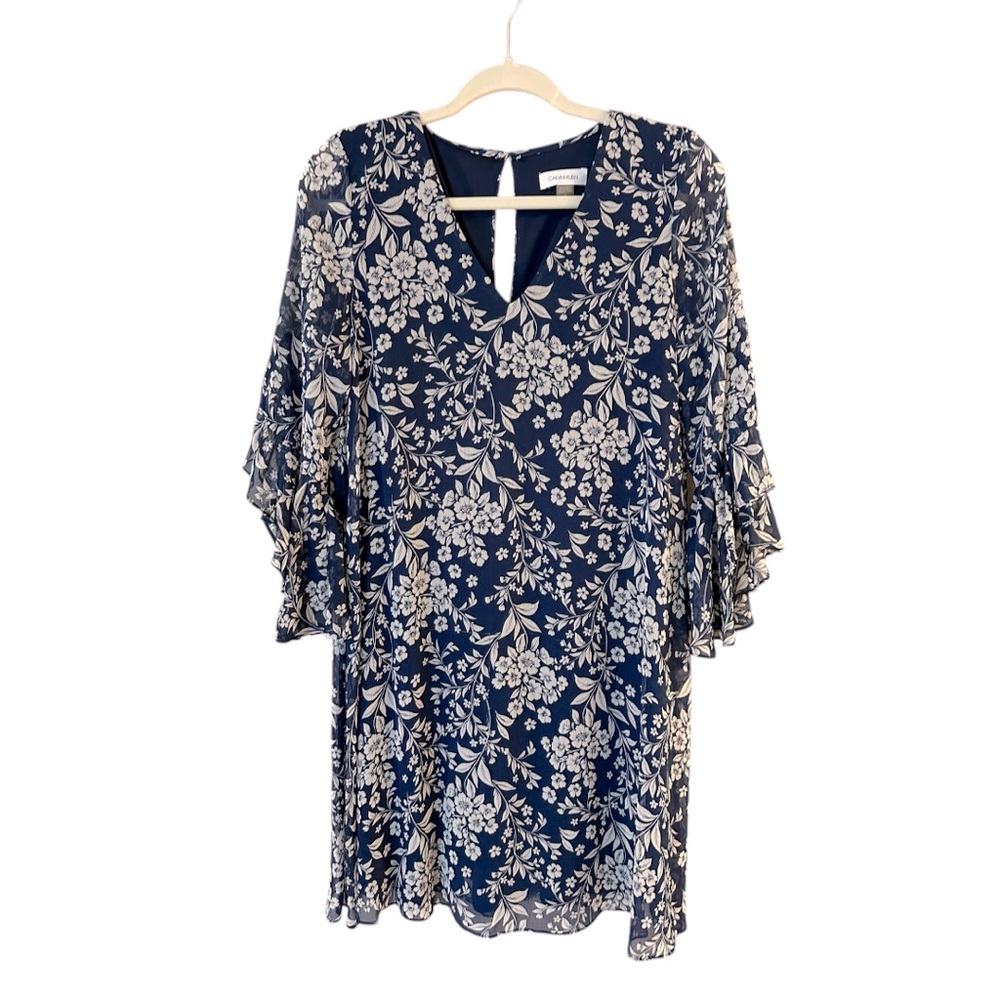 Calvin Klein Navy and White Ruffle Sleeve A-Line Dress; Size 10